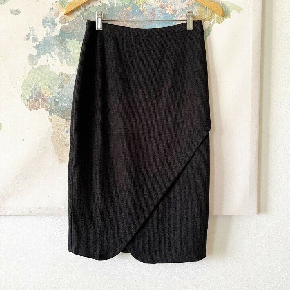 LOGO Lori Goldstein Skirt Size XS Waffle Knit Crossover Panel Black Pull On